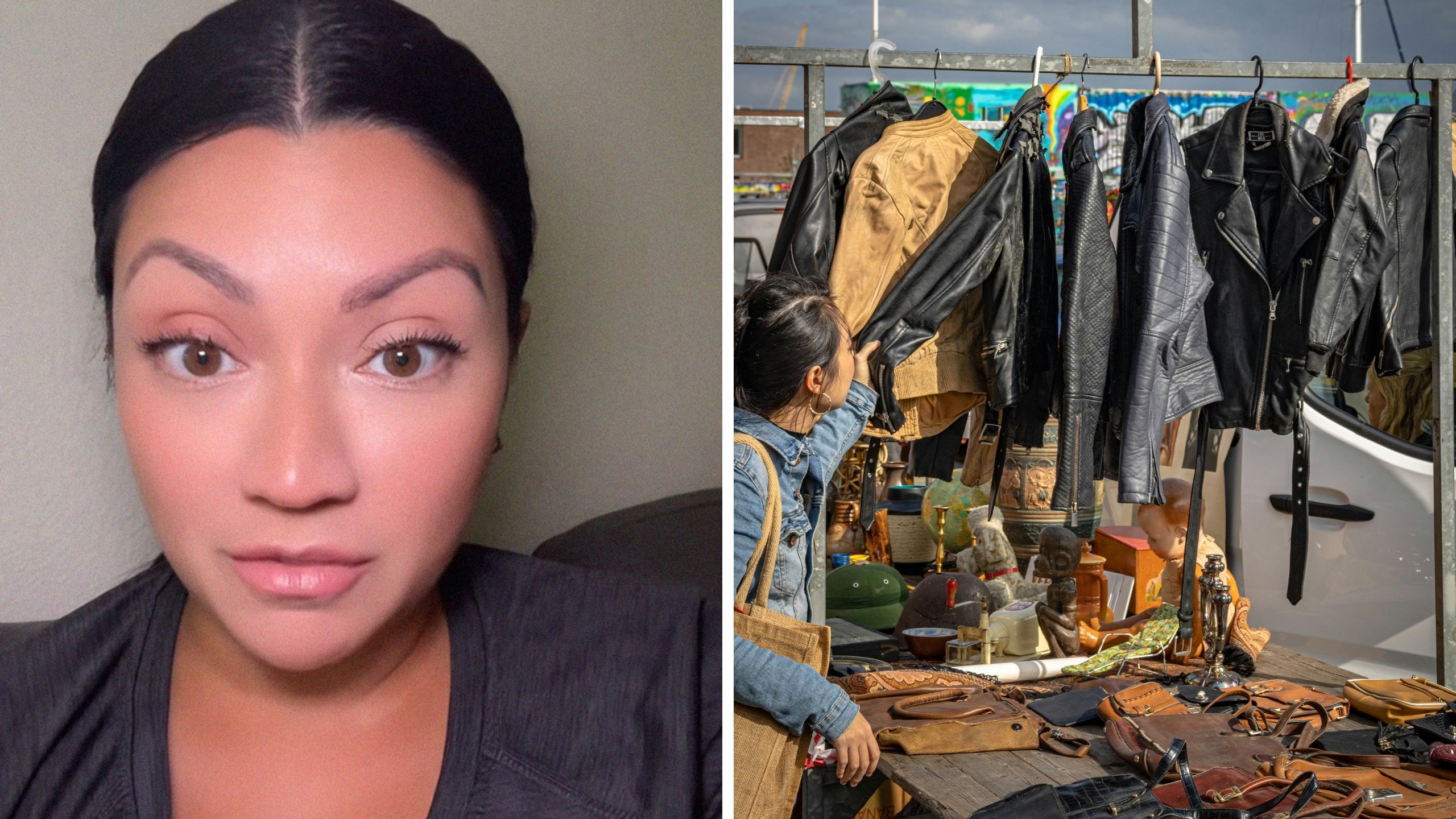 woman shares thrifting tips (l) woman thrifting (r)