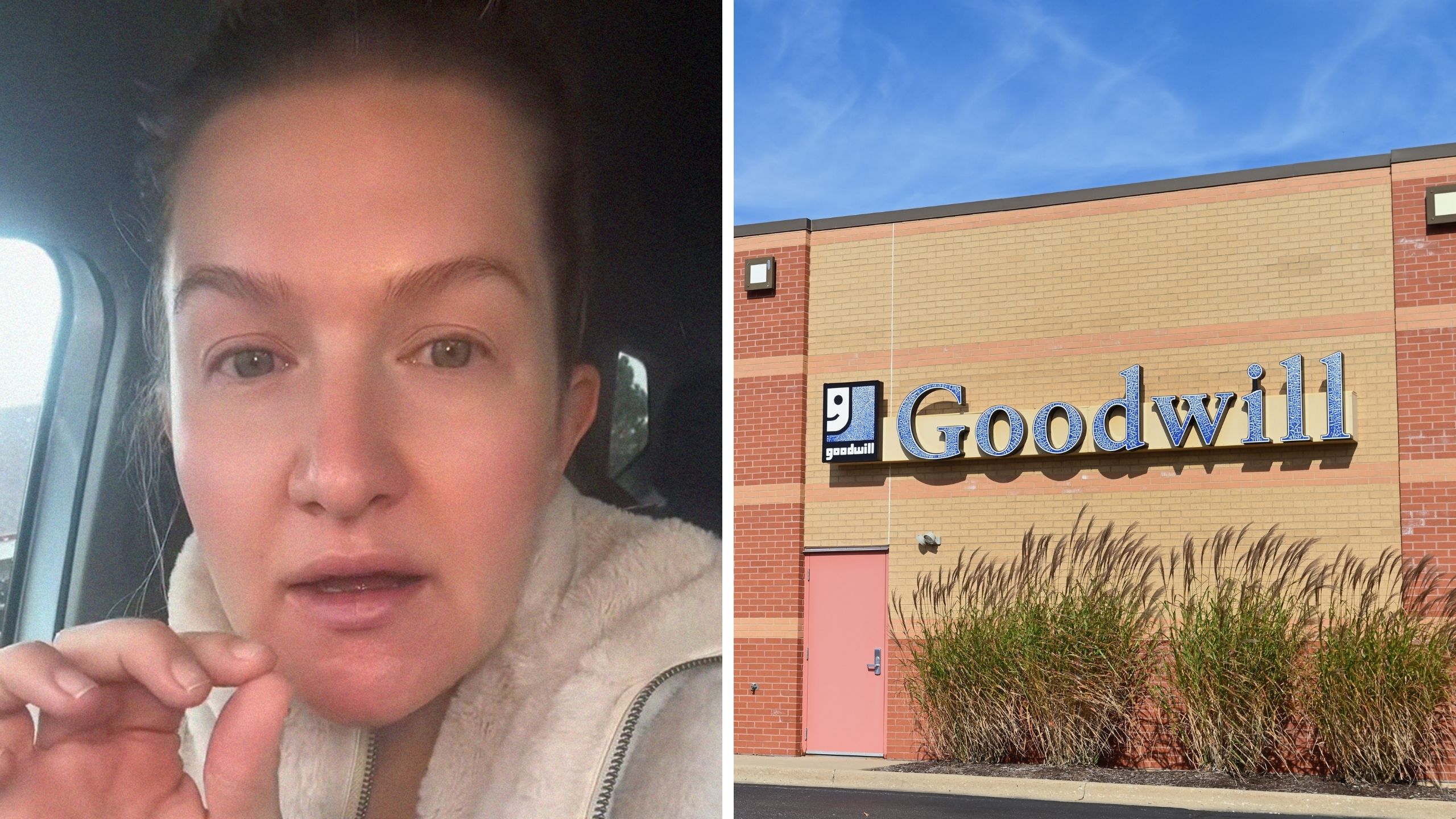 woman shares shopping finds (l) goodwill store (r)