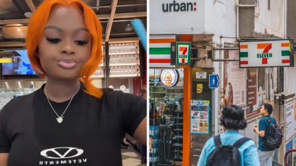 woman shares 7eleven experience (l) 7eleven logo (r)