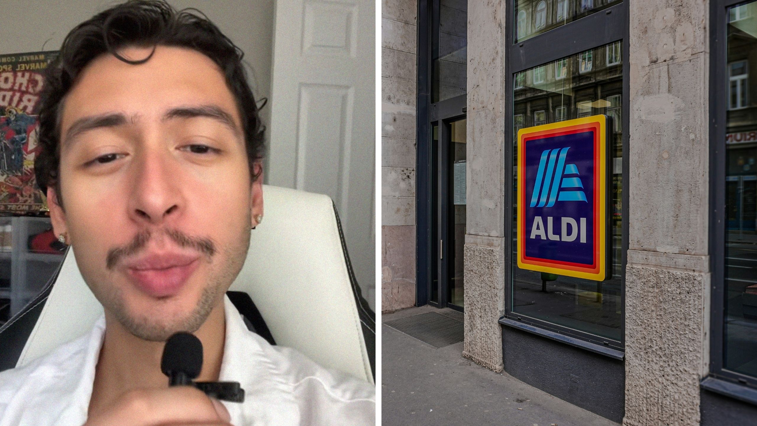man shares his grocery shopping experience (l) Aldi logo (r)