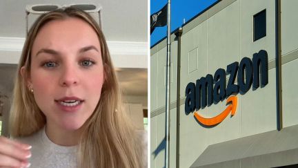 woman shares her package experience (l) Amazon logo (r)