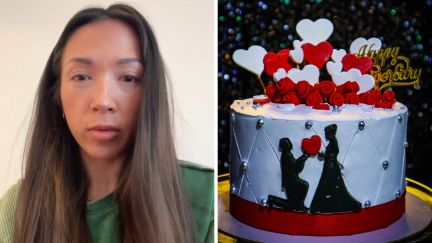 woman shares relationship issue (l) cake (r)