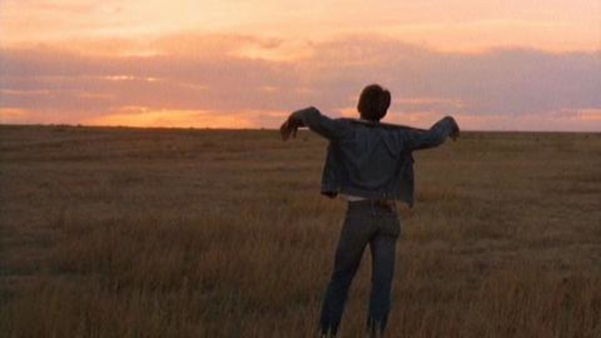 A man stands in a field in "Badlands" 