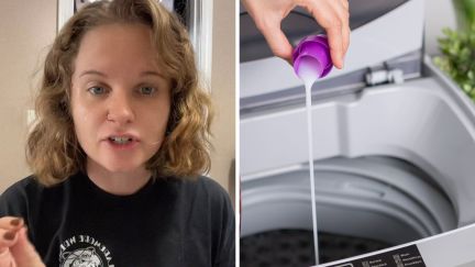woman asks for help finding item (l) pouring detergent into machine (r)