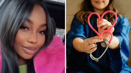 woman shares work experience (l) healthcare working making heart shape (r)