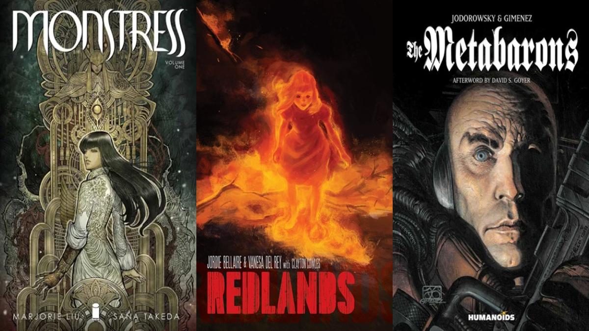 Cover art for three grimdark graphic novels