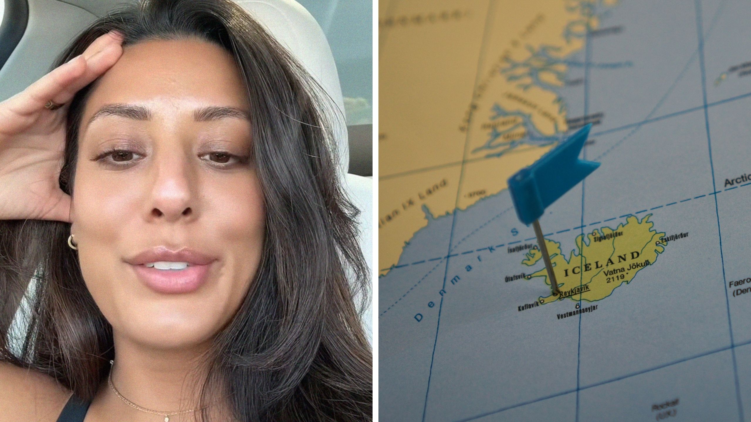woman talking about her man (l) Iceland on a map (r)