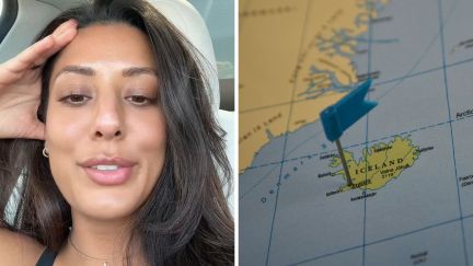 woman talking about her man (l) Iceland on a map (r)