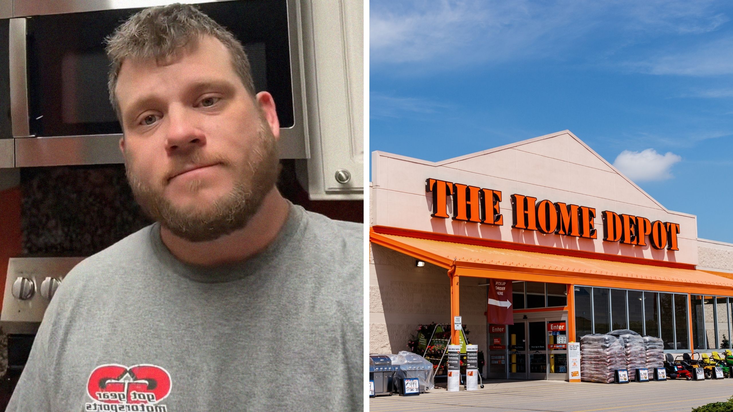 man shares shopping experience (l) the home depot logo (r)
