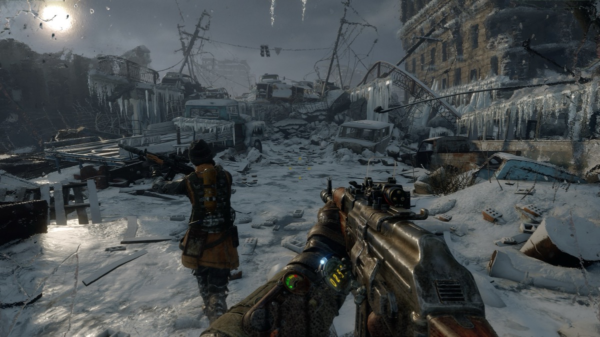 A man stands looking at an urban wasteland in "Metro Exodus"