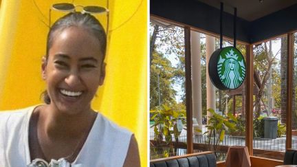woman shares her experience at starbucks (l) Starbucks logo (r)