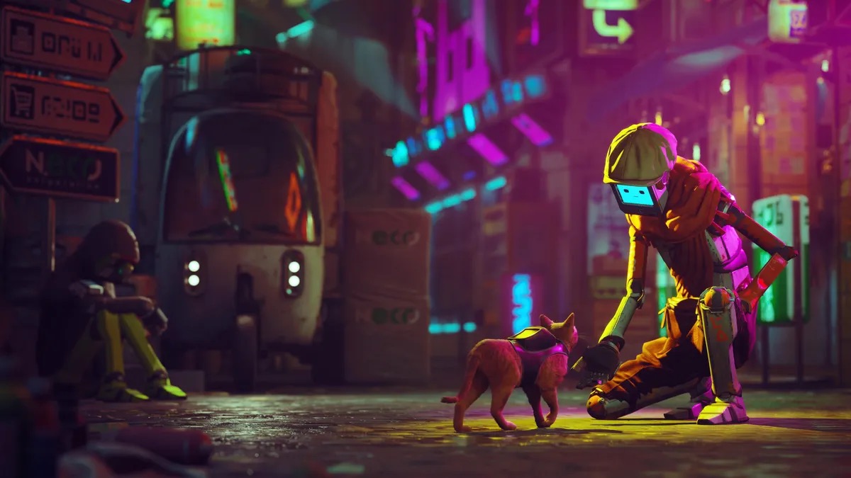 A robot pets a cat in "Stray"