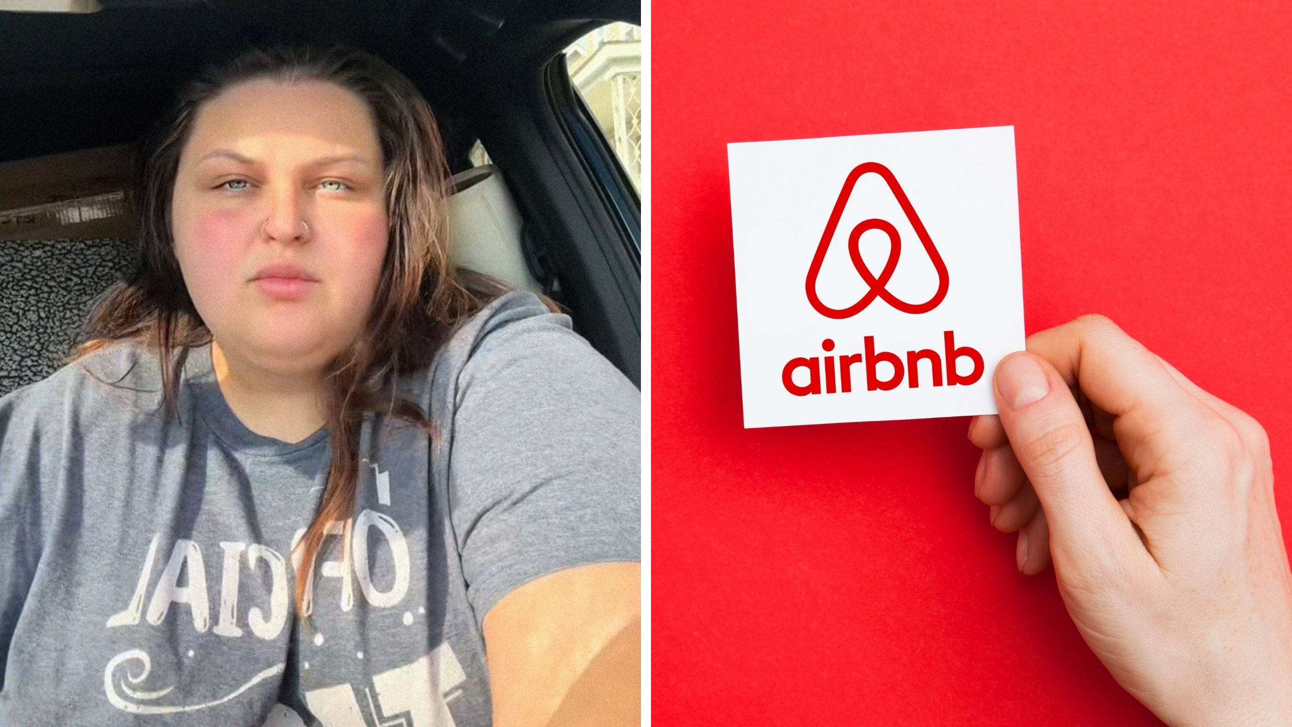 woman shares air bnb experience (l) air bnb logo (r)