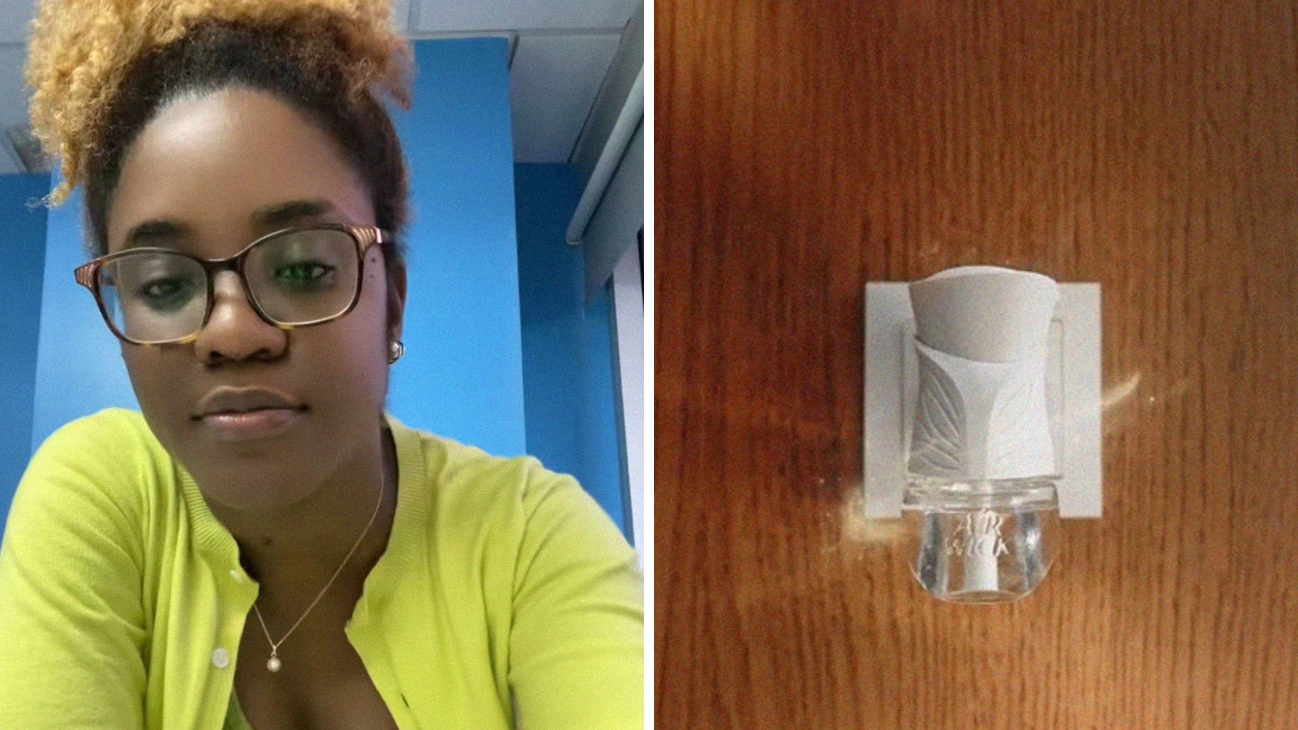 woman shares emergency experience (l) air wick plug in (r)