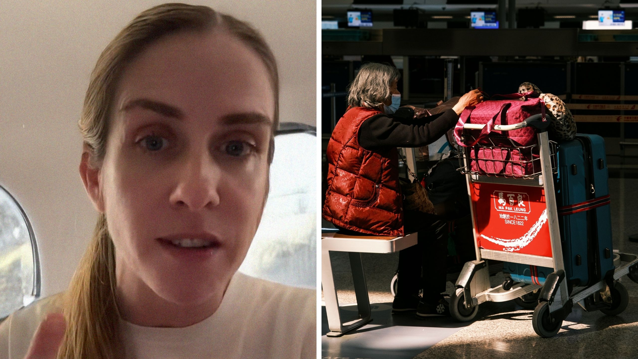 woman shares why you should not watch someones airport bag (l) woman with bags at airport (r)