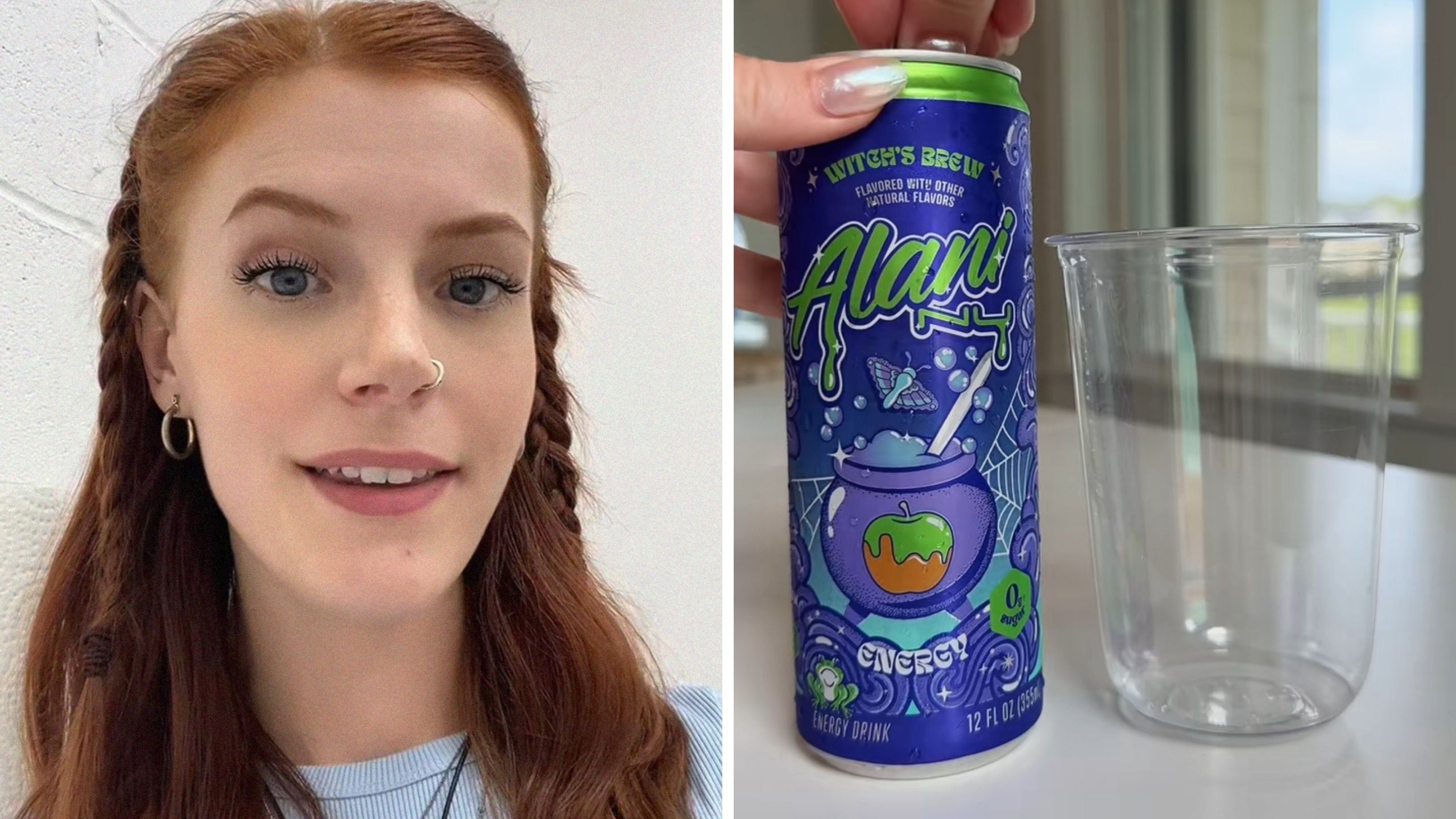 woman shares drink experience (l) Alani drink (r)