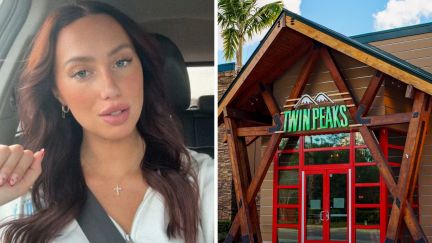 woman gives motivational talk about work (l) twin peaks logo (r)