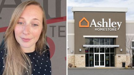 woman speak about ashley furniture (l) ashley furniture logo (r)