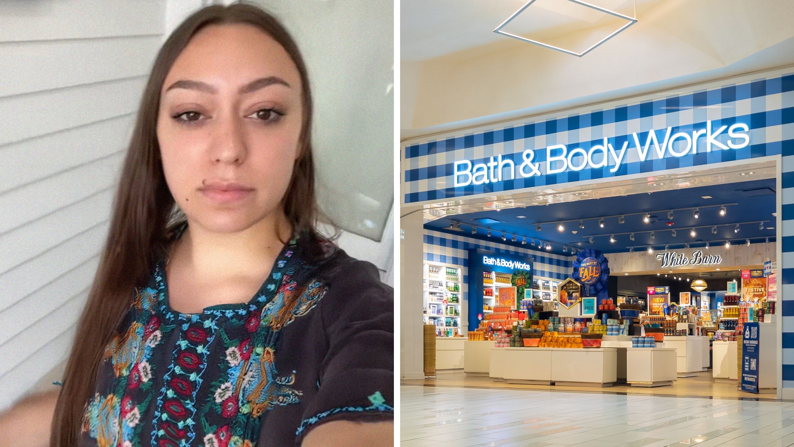 woman shares fragrance experience (l) bath and body logo (r)
