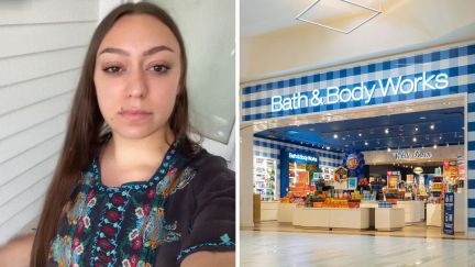 woman shares fragrance experience (l) bath and body logo (r)