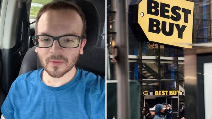 man shares best buy experience (l) best buy logo (r)