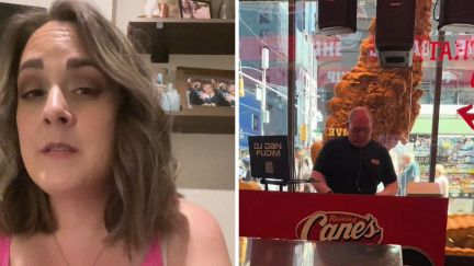 woman sharing her canes experience (l) DJ at Raising Cane's (r)