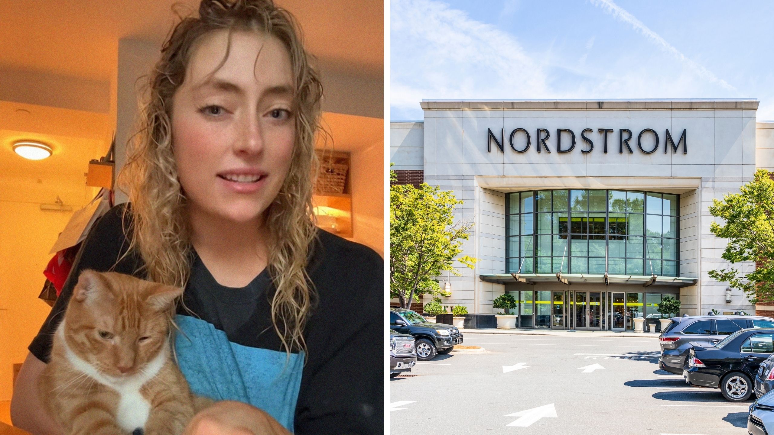 woman shares her shopping experience (l) nordstrom logo (r)