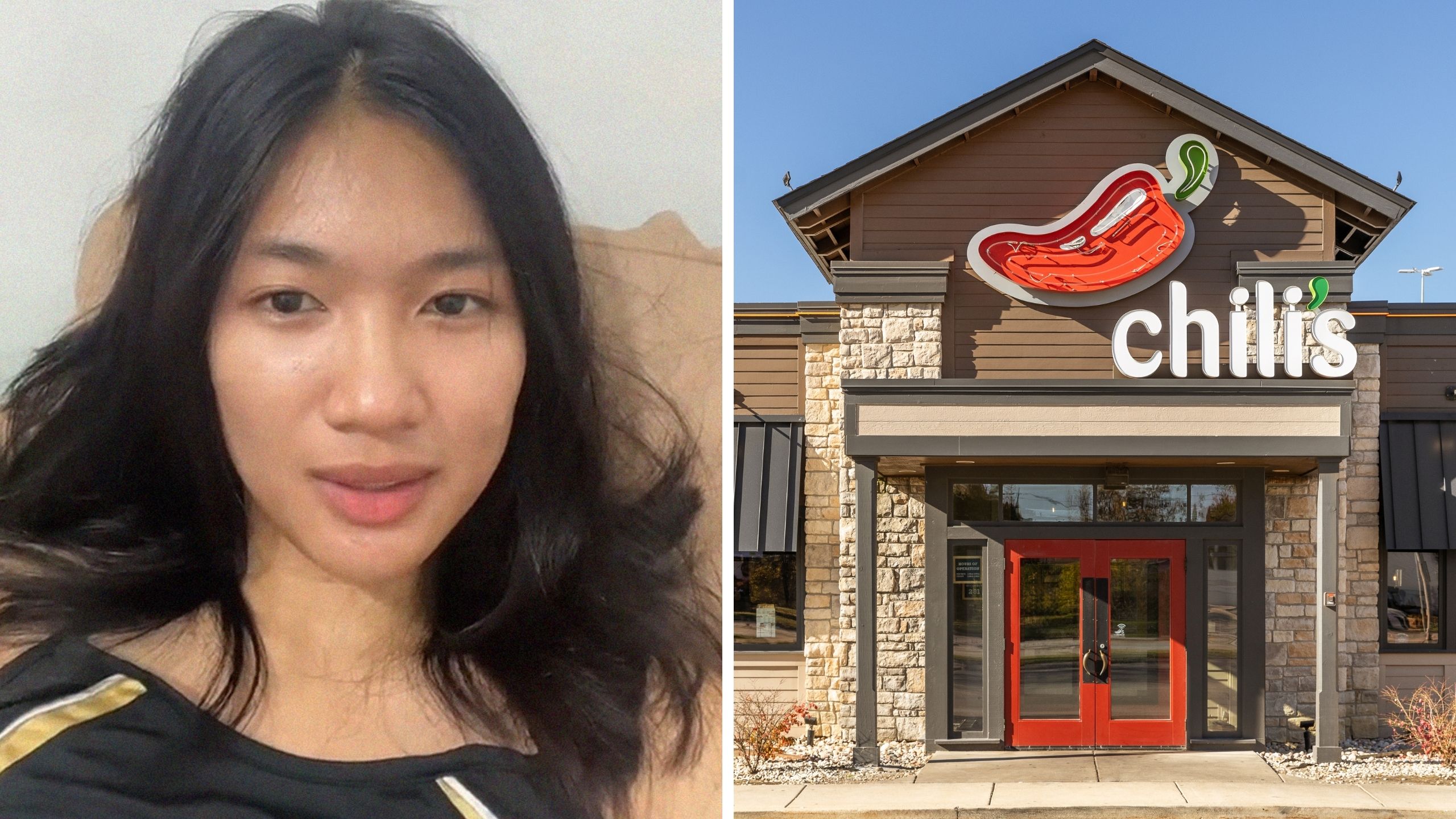 woman shares chili's experience (l) chili's logo (r)