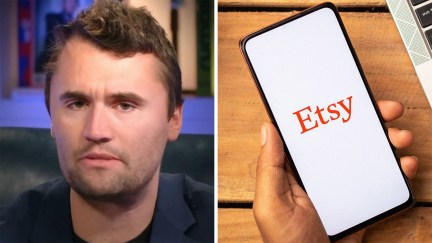 Charlie Kirk (l) : Etsy logo on phone(r)