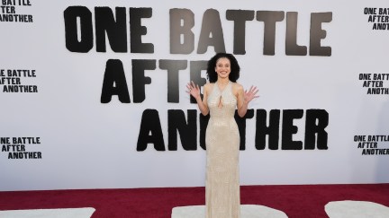 woman standing at premiere