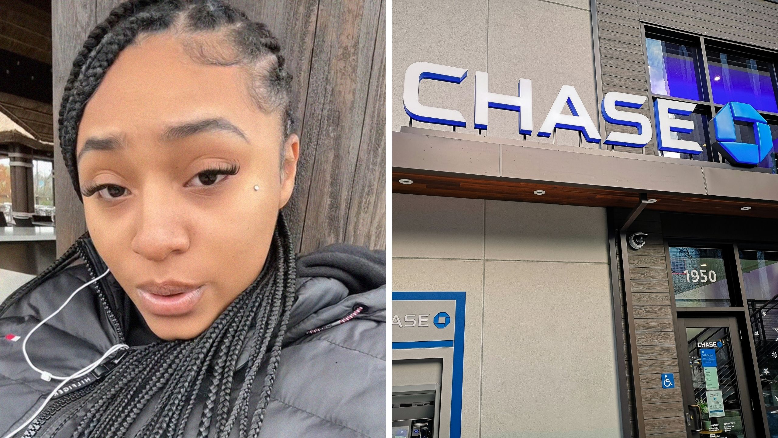 woman shares her experience at chase bank (l) chase bank logo (r)