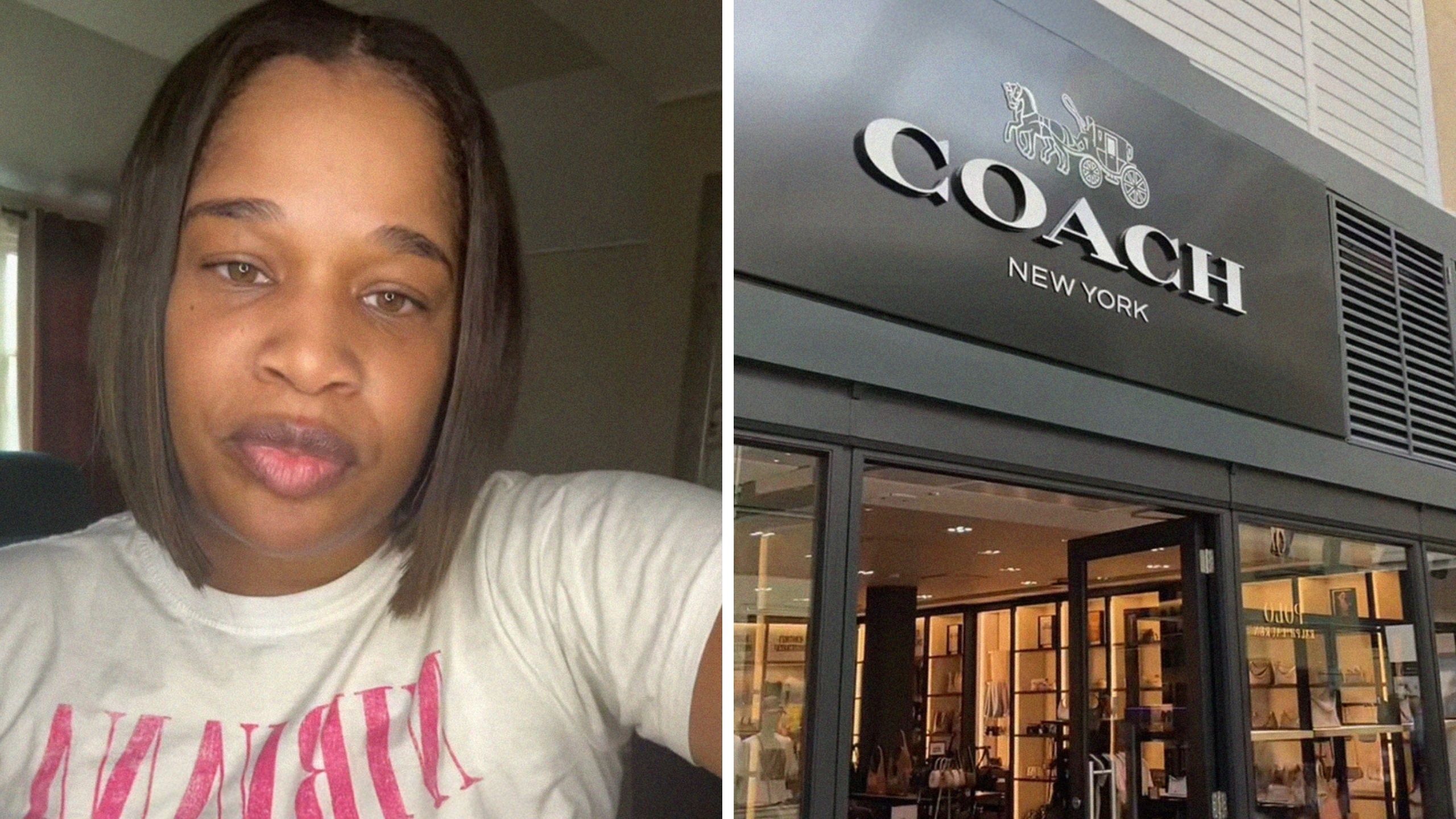 woman shares shopping experience (l) coach logo (r)
