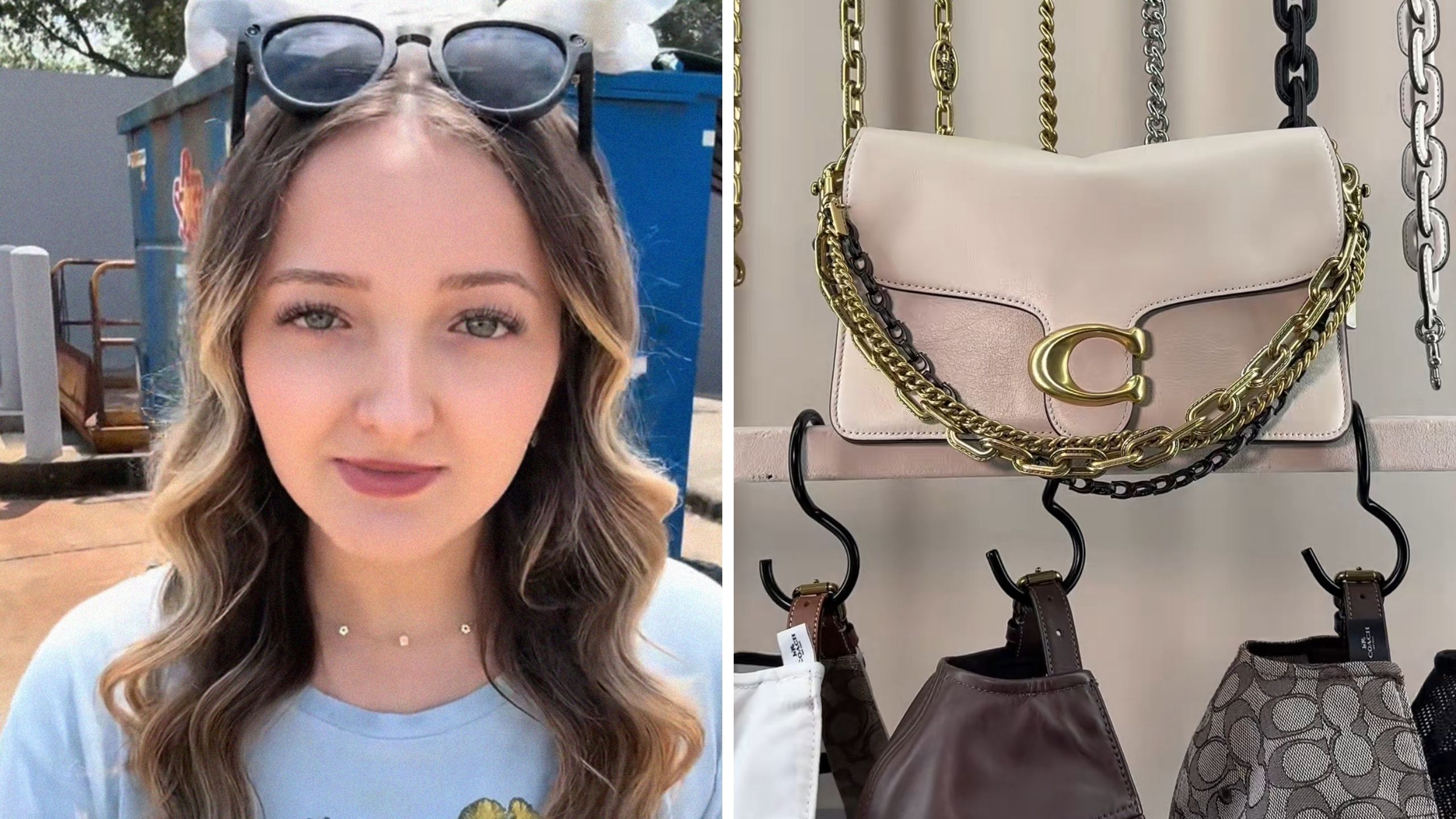 woman shows dumpster finds (l) coach bag (r)