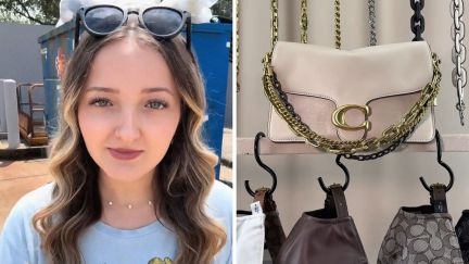 woman shows dumpster finds (l) coach bag (r)