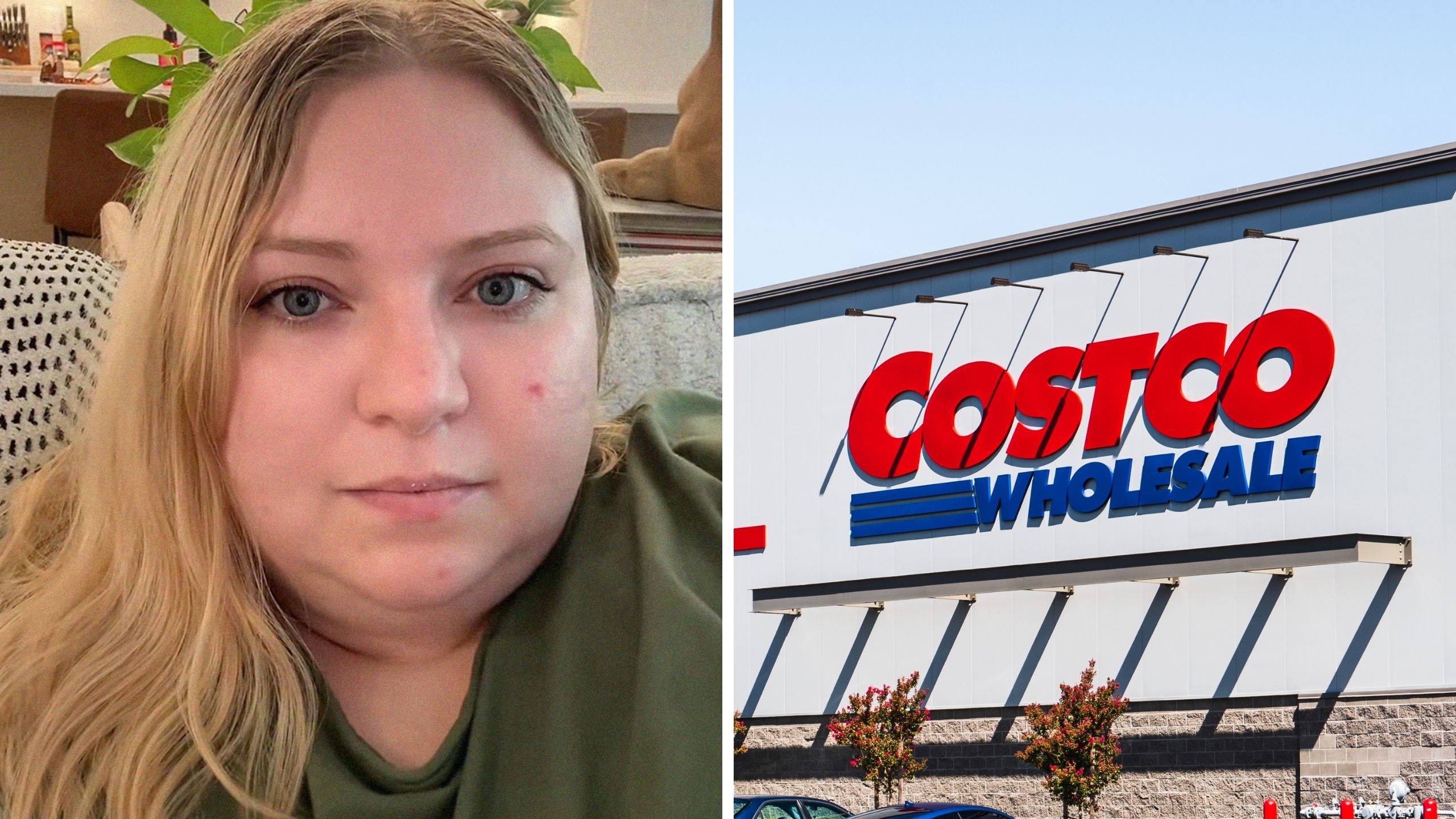 woman talks about her couch (l) costco logo (r)