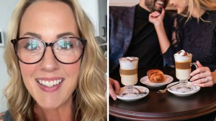 woman shares dating experience (l) couple on a coffee date (r)