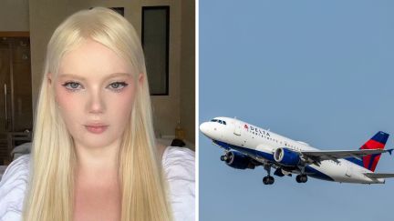 woman shares experience flying with delta (l) delta airplane (r)