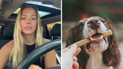 woman shares dog walking experience (l) dog eating a treat (r)