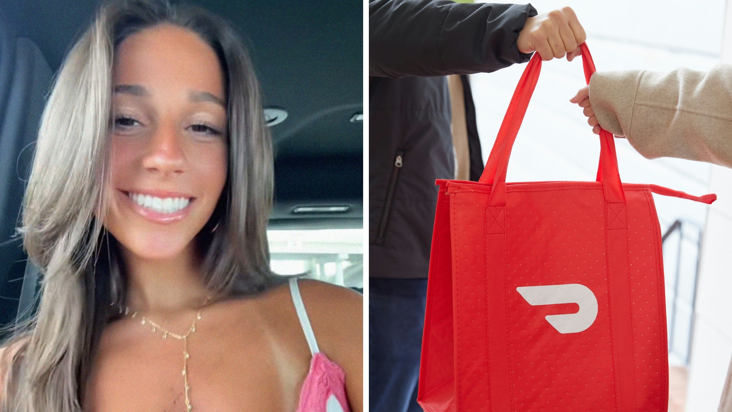 woman shares her odd doordash request (l) doordash bag (r)