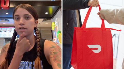 woman having thoughts (l) doordash bag (r)