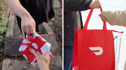 food being delivered (l) door dash bag (r)