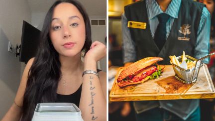 woman sharing waitress experience (l) waitress holding food (r)
