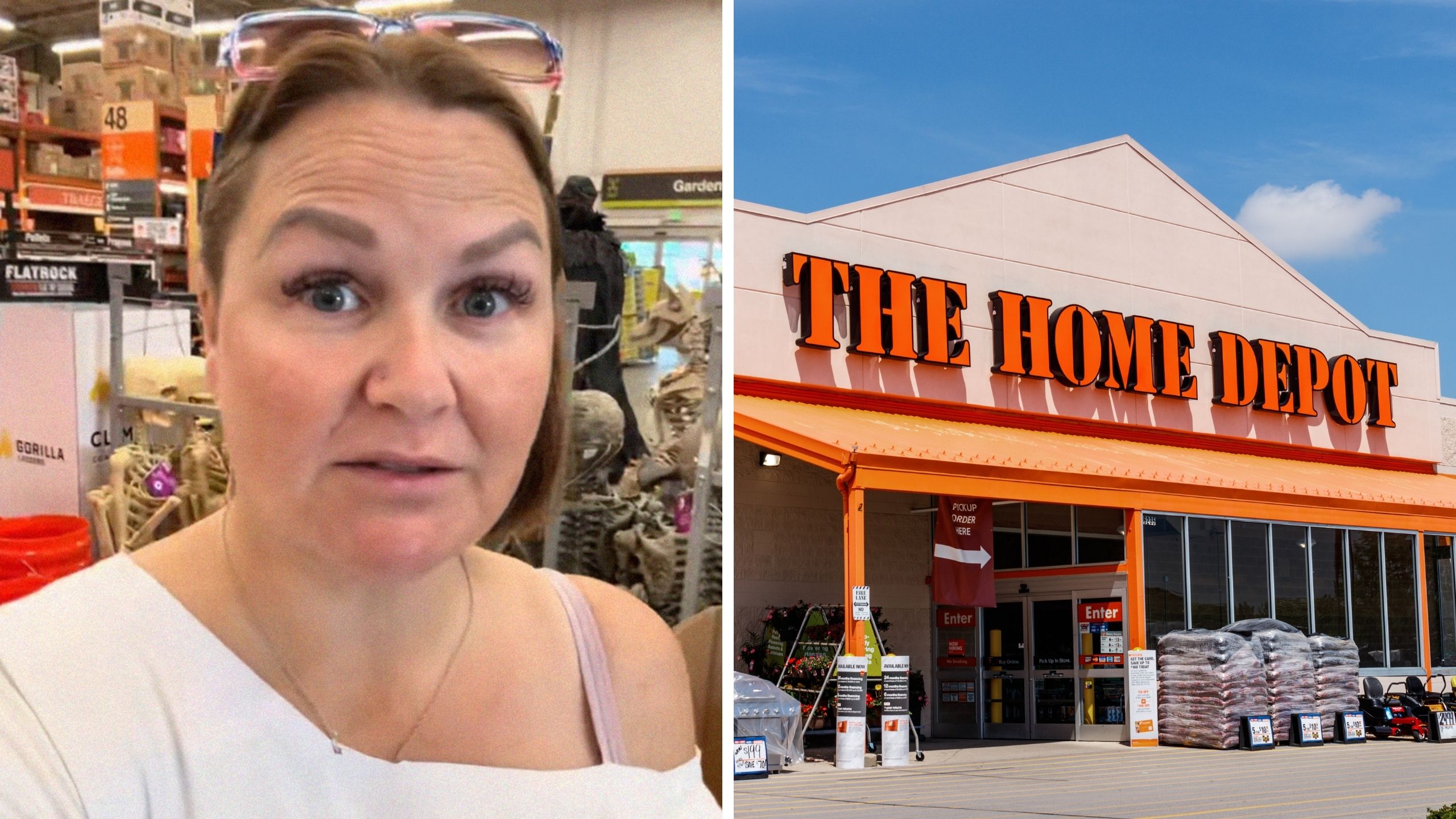 woman shares shopping experience (l) The Home Depot logo (r)