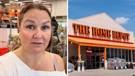woman shares shopping experience (l) The Home Depot logo (r)