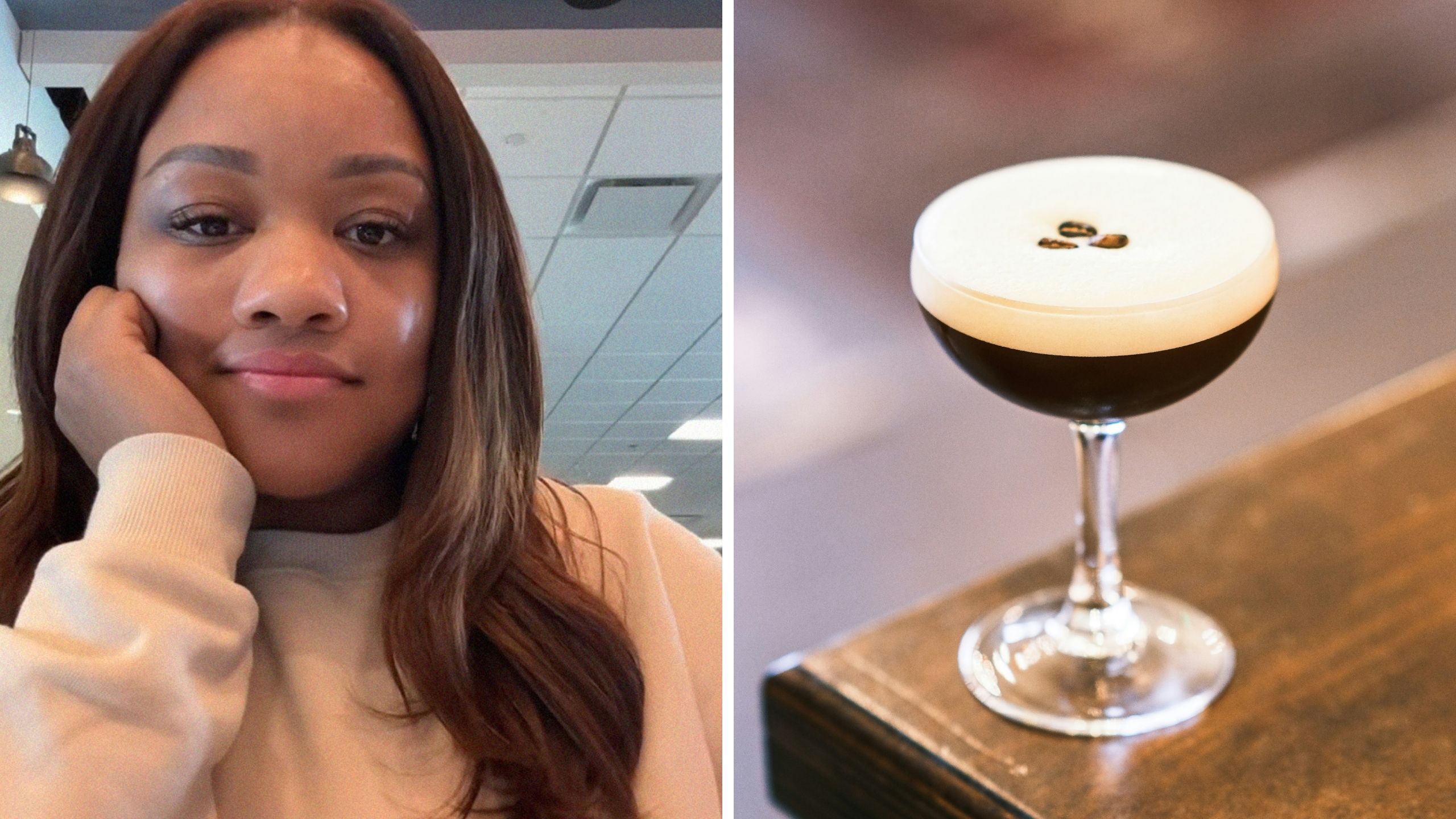 woman shares airport drink (l) expresso martini (r)
