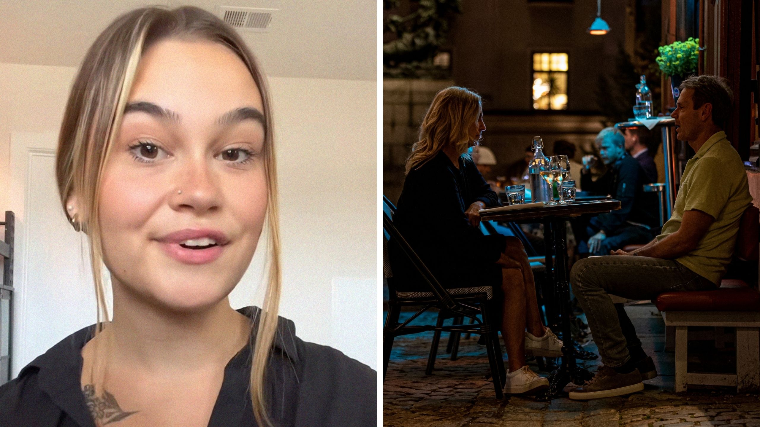 woman shares date experience (l) couple on a dinner date (r)