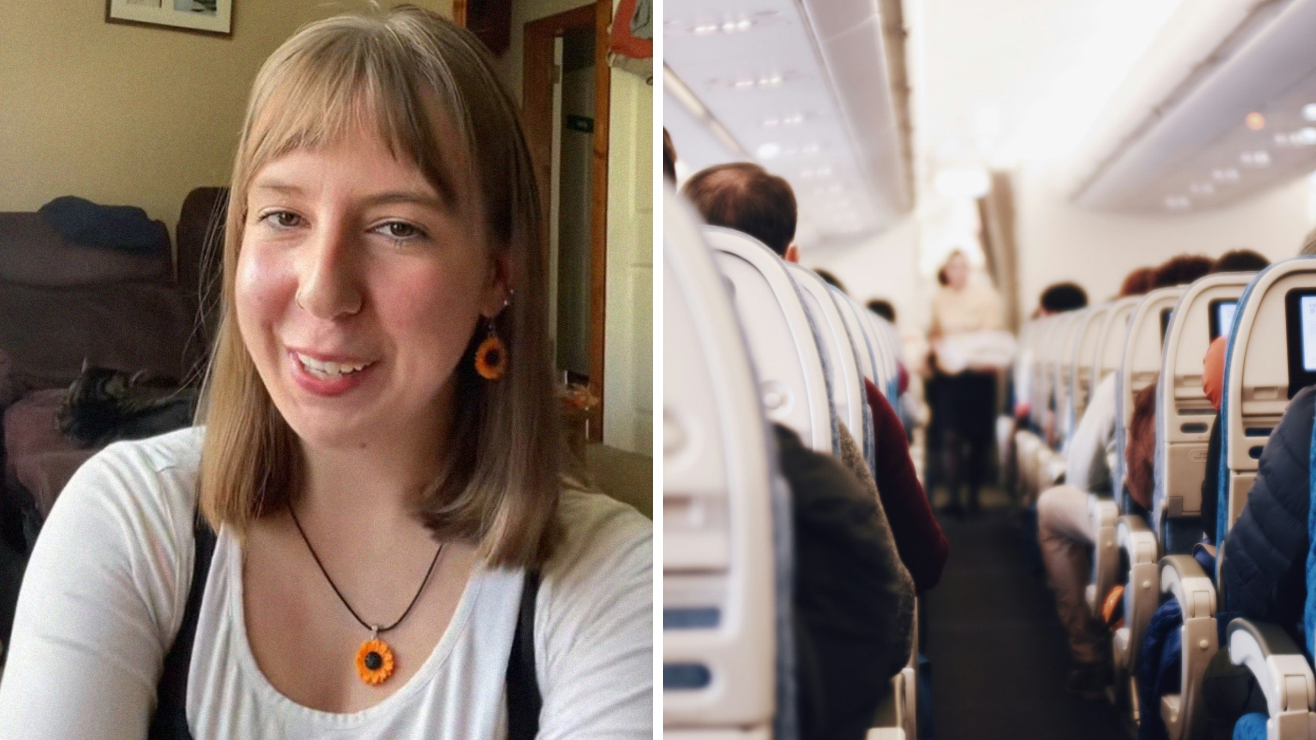 woman shares flight experience (l) seats in flight (r)