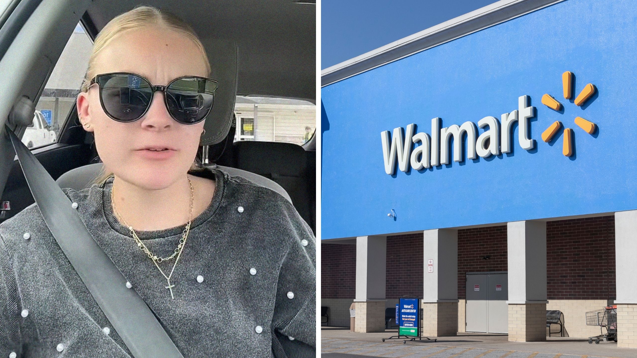 woman shares walmart experience (l) walmart logo (r)