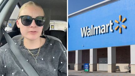 woman shares walmart experience (l) walmart logo (r)