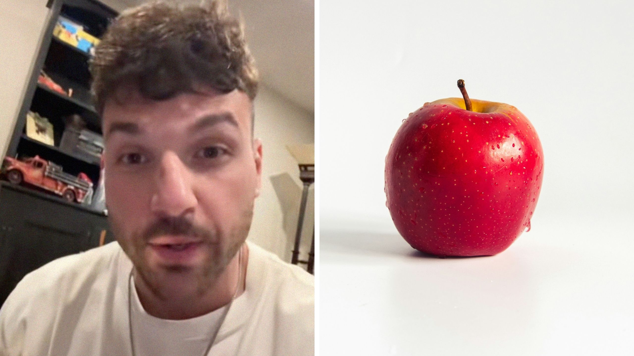 man shares information on fruits (l) red apple (r)